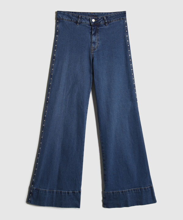 Jean Wide Leg Con Detalle En Costados Tono Azul Medio Claro