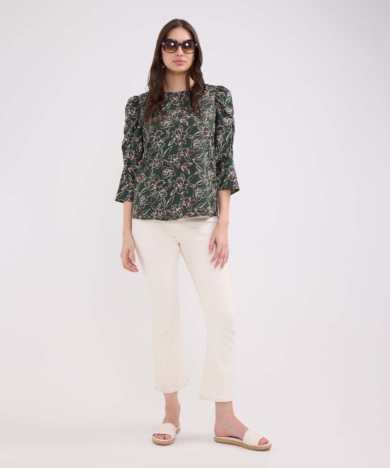 Blusa Estampada Escote Redondo, Manga 3/4 Con Recogido